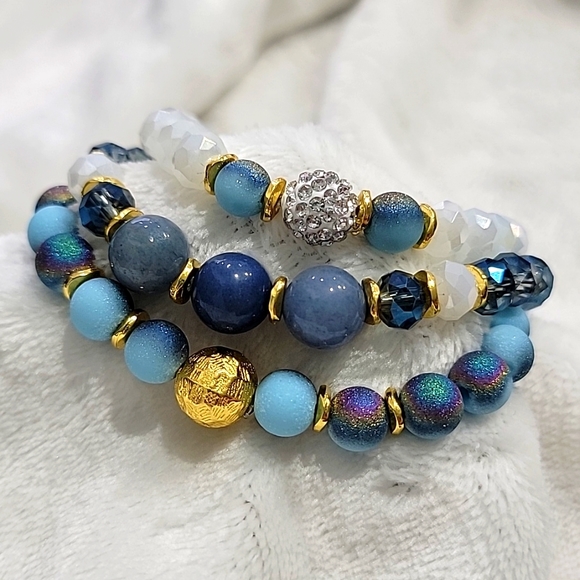 Handmade Blue Ornate Medley Bead Bracelet Set - Picture 2 of 6